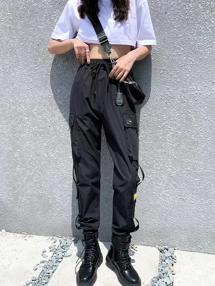 Women Cargo Pants  Harem Pants Fashion Punk Pockets Jogger Trousers With Chain Harajuku Elastics High Waist Streetwear