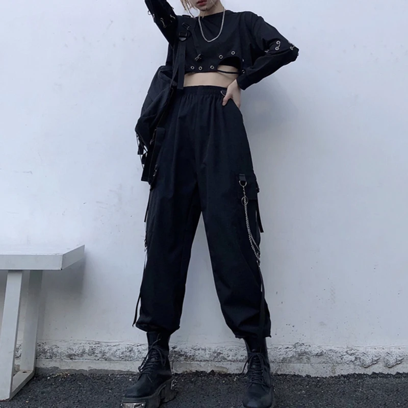 Women Cargo Pants  Harem Pants Fashion Punk Pockets Jogger Trousers With Chain Harajuku Elastics High Waist Streetwear