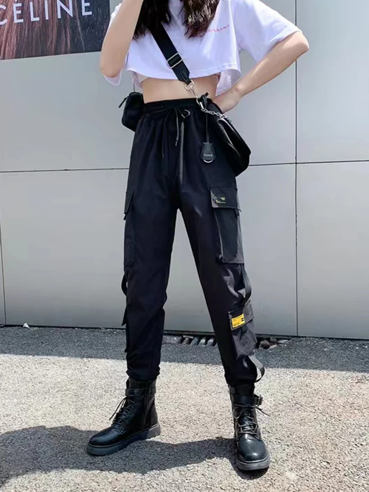 Women Cargo Pants  Harem Pants Fashion Punk Pockets Jogger Trousers With Chain Harajuku Elastics High Waist Streetwear