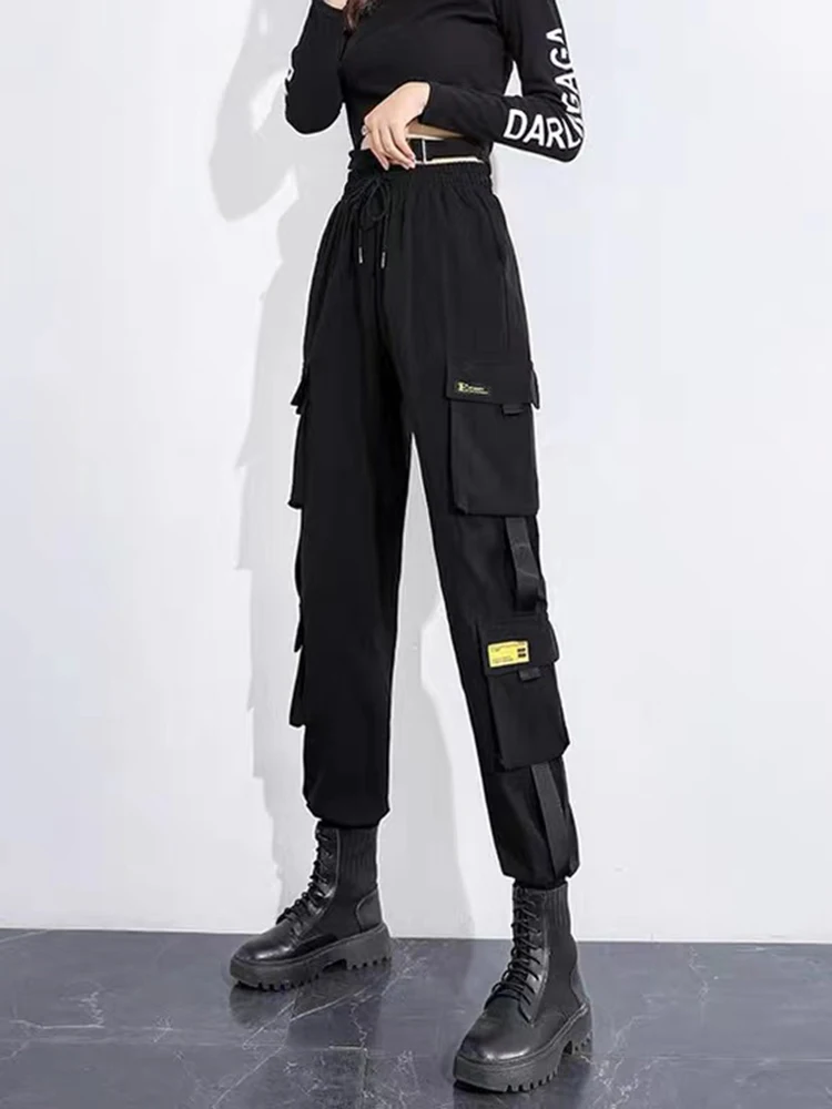 Women Cargo Pants  Harem Pants Fashion Punk Pockets Jogger Trousers With Chain Harajuku Elastics High Waist Streetwear