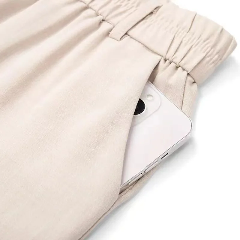 Casual Elastic Waist Straight Suit Pants Women Summer Thin Ice Silk Wide Leg Pants Office Ladies All-Match Solid Linen Trousers