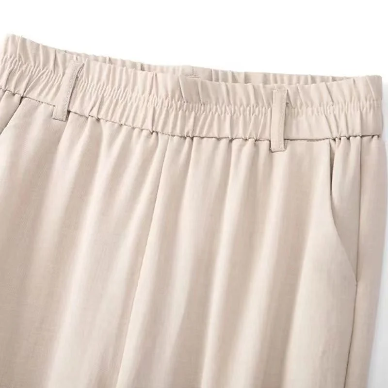 Casual Elastic Waist Straight Suit Pants Women Summer Thin Ice Silk Wide Leg Pants Office Ladies All-Match Solid Linen Trousers
