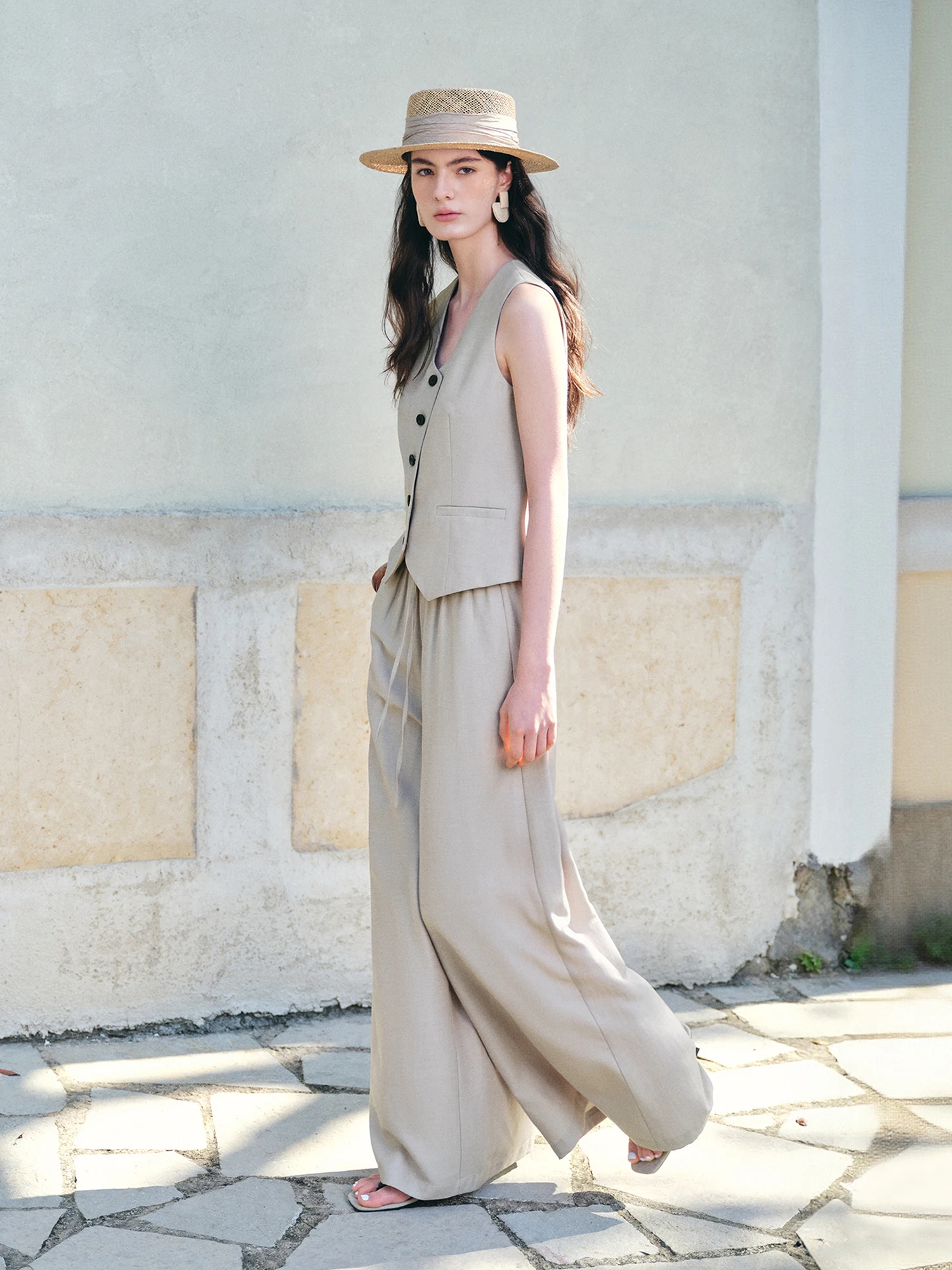 ZIQIAO Women Old Money Style Waist Cinched Vest & Wide Leg Pants Set Elastic High Waist Skirted Trousers Casual Two-Piece Outfit