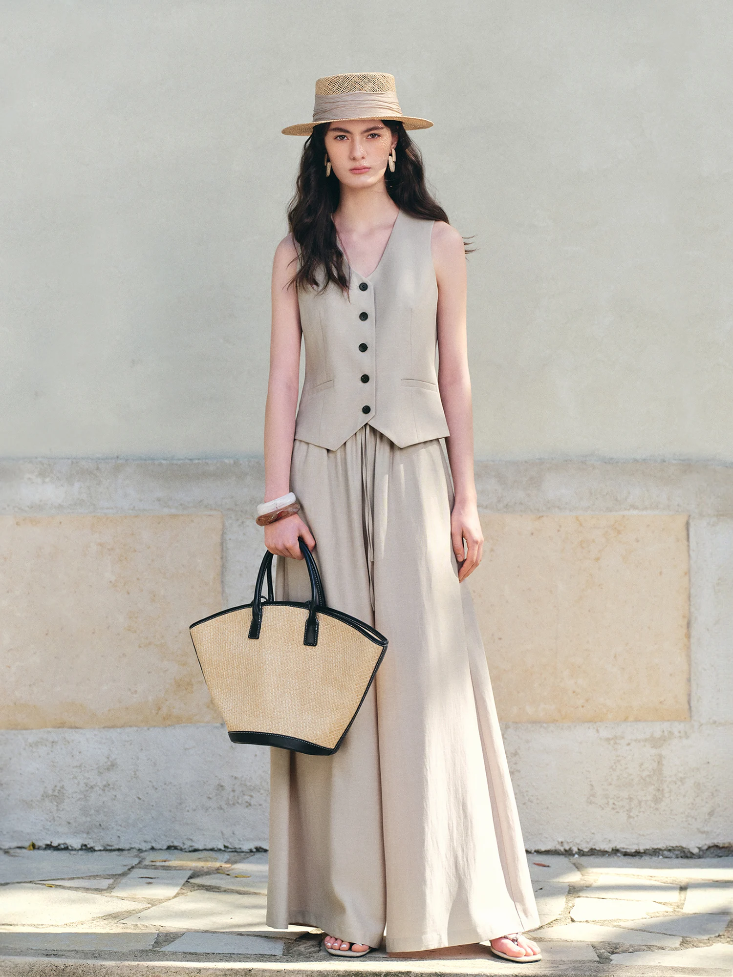 ZIQIAO Women Old Money Style Waist Cinched Vest & Wide Leg Pants Set Elastic High Waist Skirted Trousers Casual Two-Piece Outfit