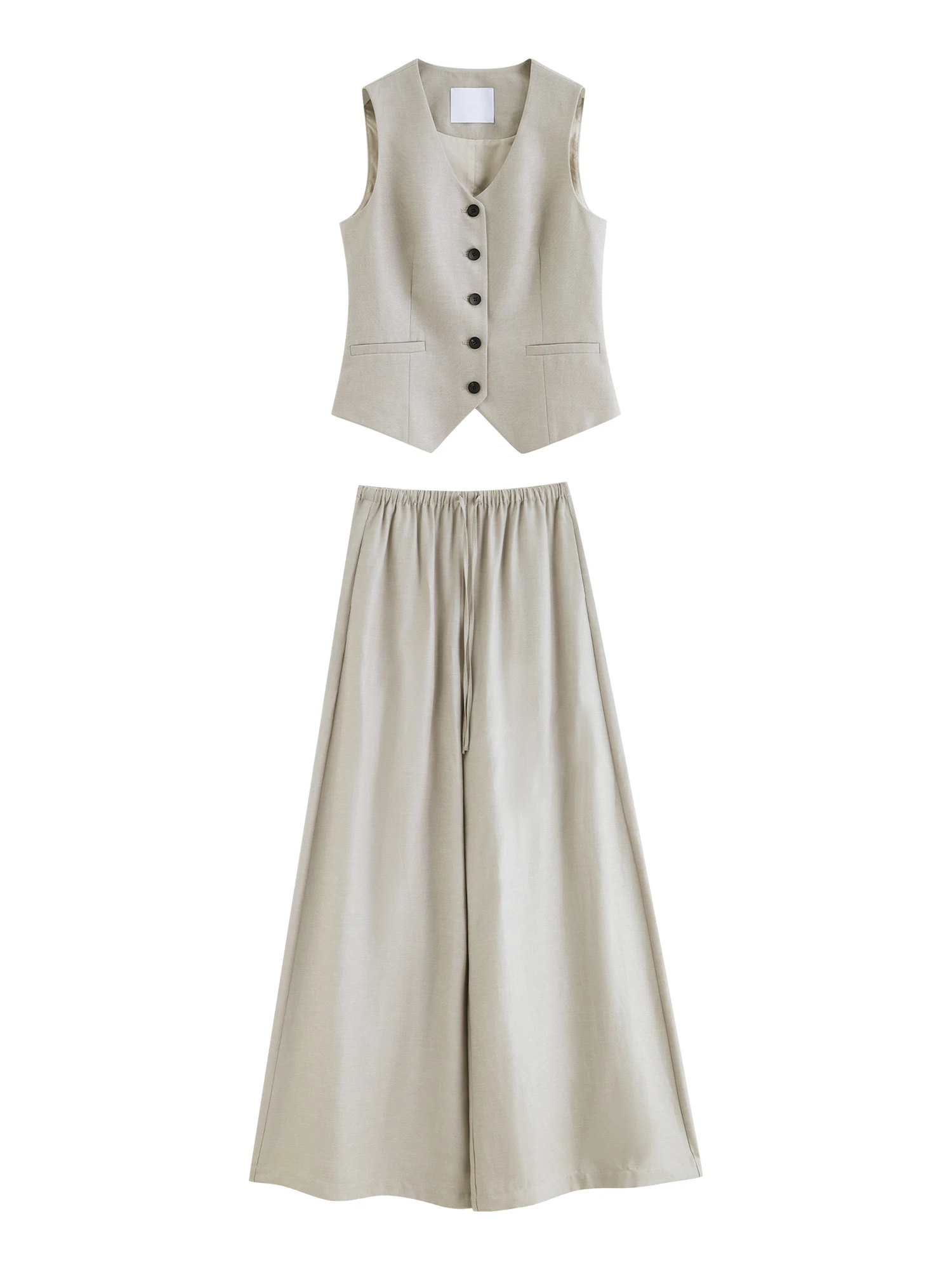 ZIQIAO Women Old Money Style Waist Cinched Vest & Wide Leg Pants Set Elastic High Waist Skirted Trousers Casual Two-Piece Outfit