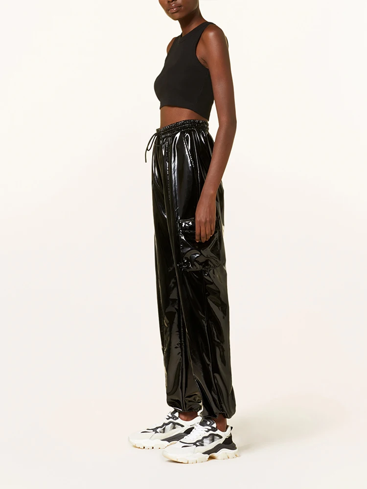 Casual High Waist Faux Latex Cargo Pants Women Shiny Patent Leather Drawstring Elastic Waistband Bloomers PU Sweatpants Custom