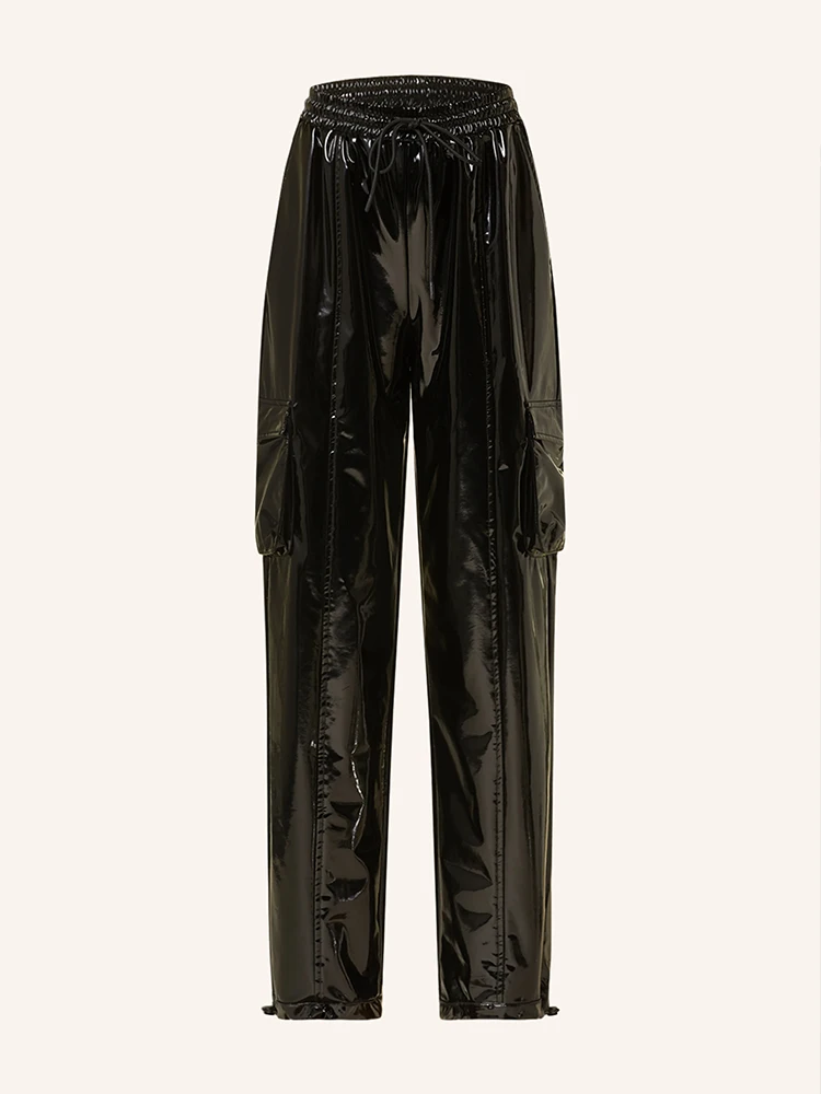 Casual High Waist Faux Latex Cargo Pants Women Shiny Patent Leather Drawstring Elastic Waistband Bloomers PU Sweatpants Custom