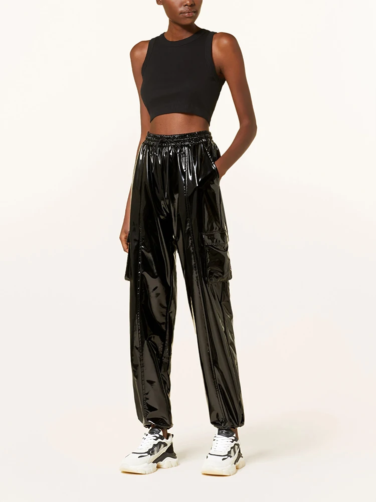 Casual High Waist Faux Latex Cargo Pants Women Shiny Patent Leather Drawstring Elastic Waistband Bloomers PU Sweatpants Custom