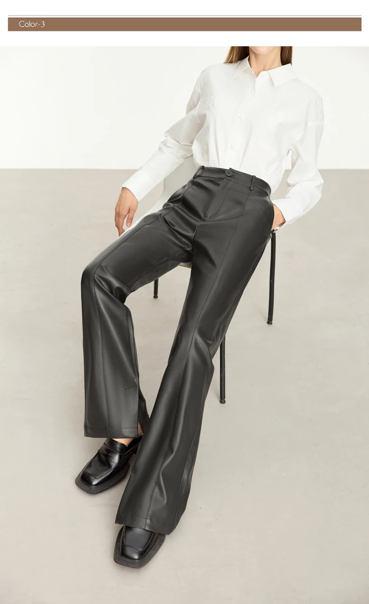 AMII Minimalist PU Leather Pants for Women 2026 Autumn Loose Clothing Wide Leg Pants Slit Fashion Office Lady Trousers 12343250