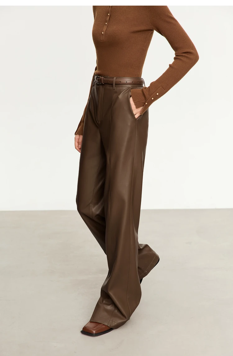 AMII Minimalist PU Leather Pants for Women 2026 Autumn Loose Clothing Wide Leg Pants Slit Fashion Office Lady Trousers 12343250