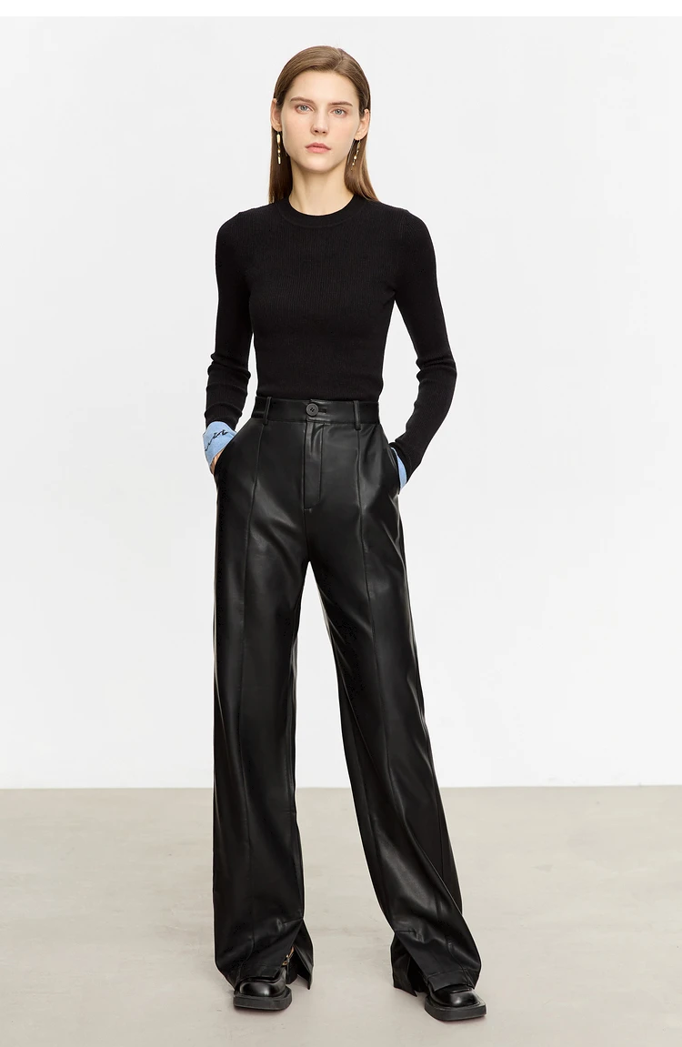 AMII Minimalist PU Leather Pants for Women 2026 Autumn Loose Clothing Wide Leg Pants Slit Fashion Office Lady Trousers 12343250