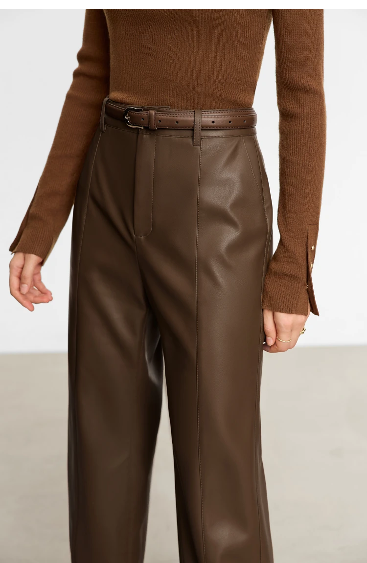 AMII Minimalist PU Leather Pants for Women 2026 Autumn Loose Clothing Wide Leg Pants Slit Fashion Office Lady Trousers 12343250