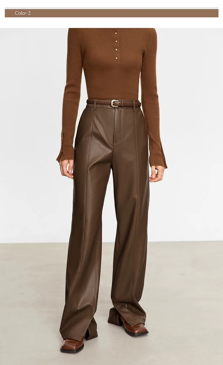 AMII Minimalist PU Leather Pants for Women 2026 Autumn Loose Clothing Wide Leg Pants Slit Fashion Office Lady Trousers 12343250