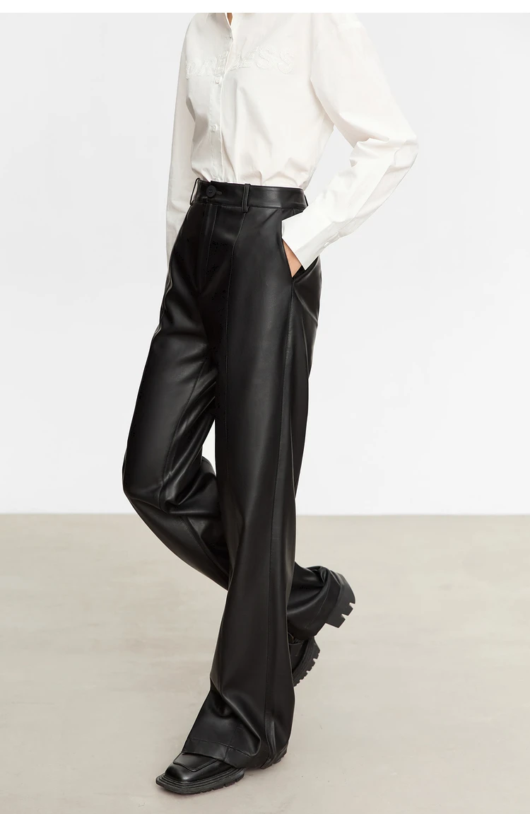 AMII Minimalist PU Leather Pants for Women 2026 Autumn Loose Clothing Wide Leg Pants Slit Fashion Office Lady Trousers 12343250
