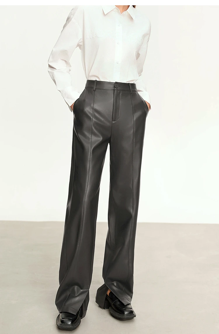 AMII Minimalist PU Leather Pants for Women 2026 Autumn Loose Clothing Wide Leg Pants Slit Fashion Office Lady Trousers 12343250