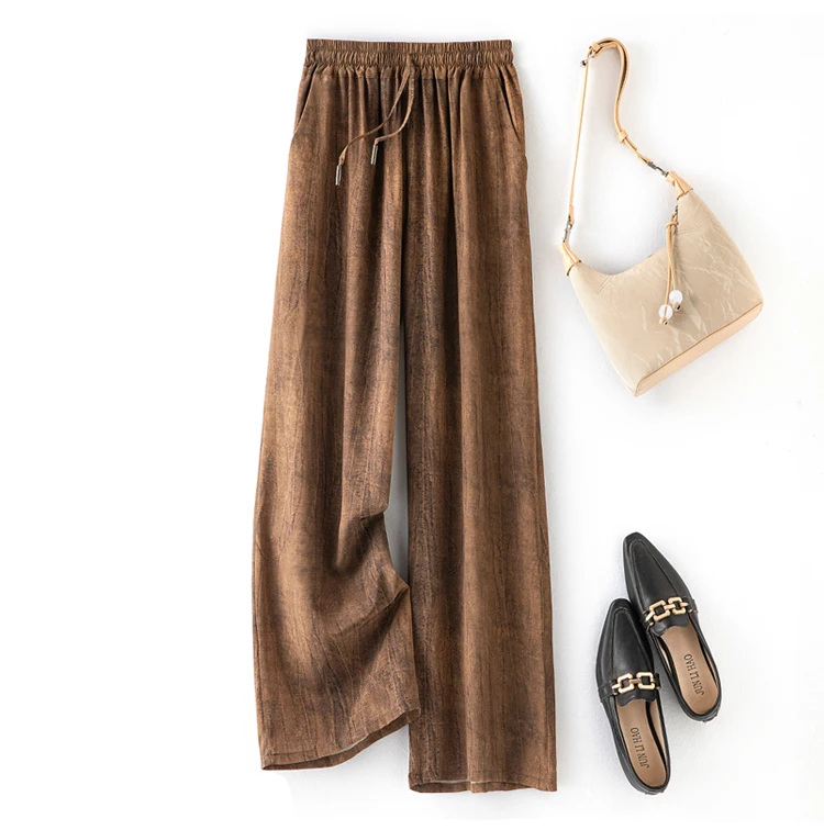100% Natural Mulberry Silk Crepe De Chine Elastic Waist Loose High Waist Women's Versatile Summer Casual Wide Leg Pants