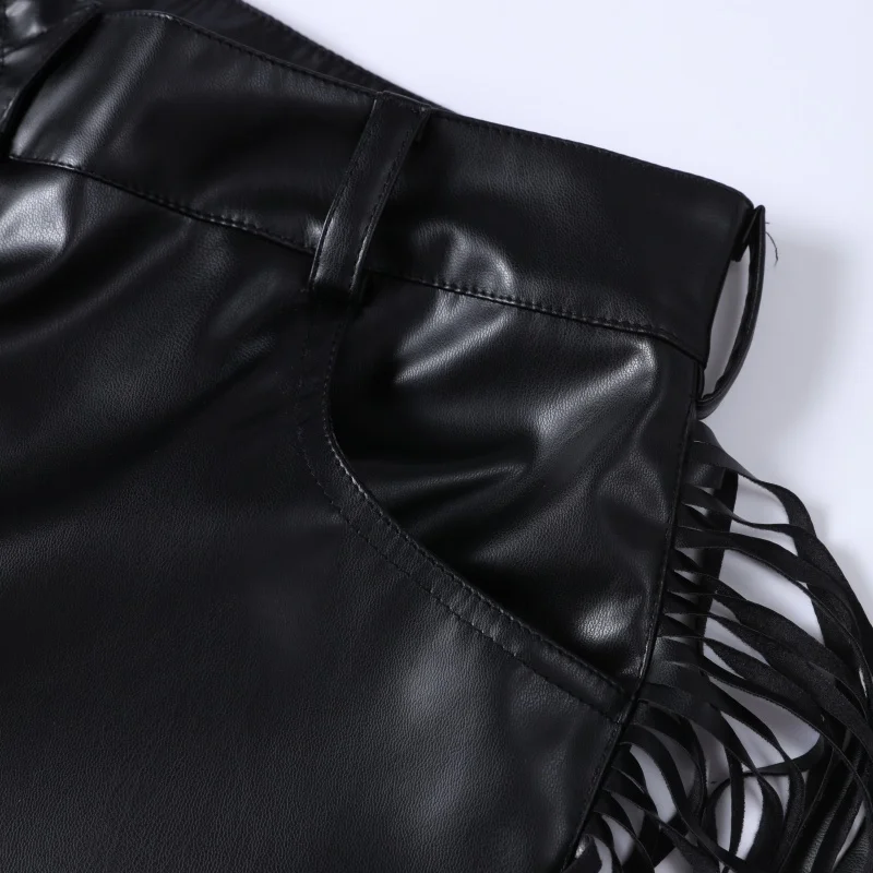 Y2k High Waist Fringe Faux Leather Flared Pants Women Side Tassel Design Slim Bootcut Leather Trouser Party Club Street Bottoms