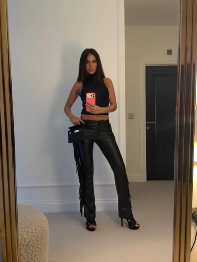 Y2k High Waist Fringe Faux Leather Flared Pants Women Side Tassel Design Slim Bootcut Leather Trouser Party Club Street Bottoms