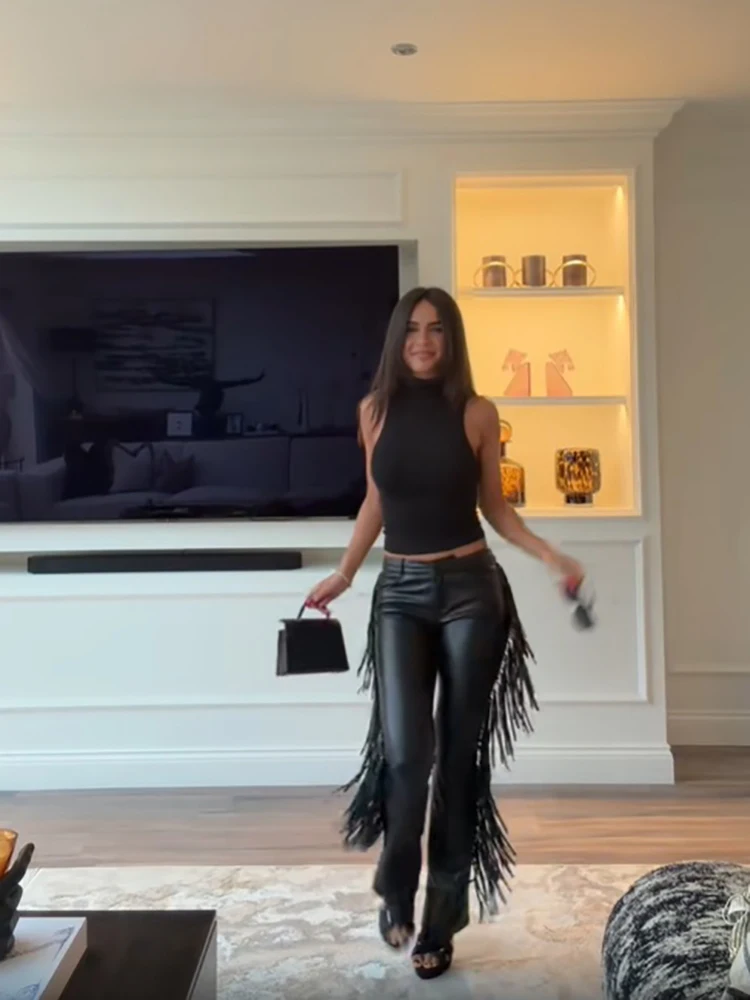 Y2k High Waist Fringe Faux Leather Flared Pants Women Side Tassel Design Slim Bootcut Leather Trouser Party Club Street Bottoms