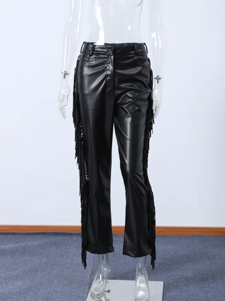 Y2k High Waist Fringe Faux Leather Flared Pants Women Side Tassel Design Slim Bootcut Leather Trouser Party Club Street Bottoms