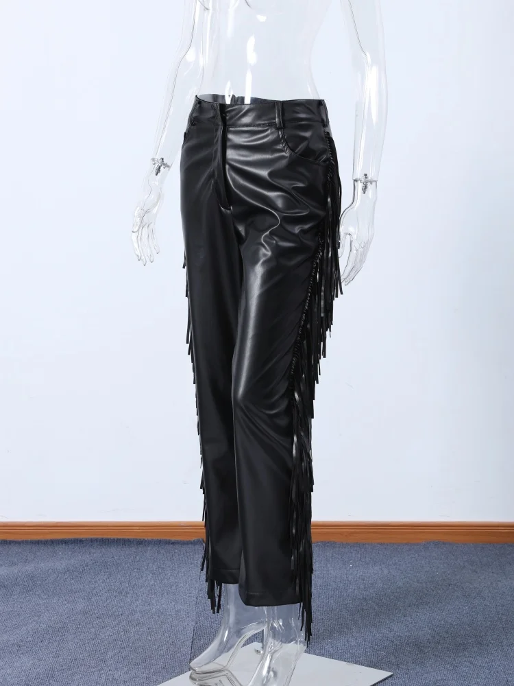 Y2k High Waist Fringe Faux Leather Flared Pants Women Side Tassel Design Slim Bootcut Leather Trouser Party Club Street Bottoms