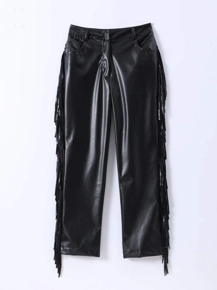 Y2k High Waist Fringe Faux Leather Flared Pants Women Side Tassel Design Slim Bootcut Leather Trouser Party Club Street Bottoms