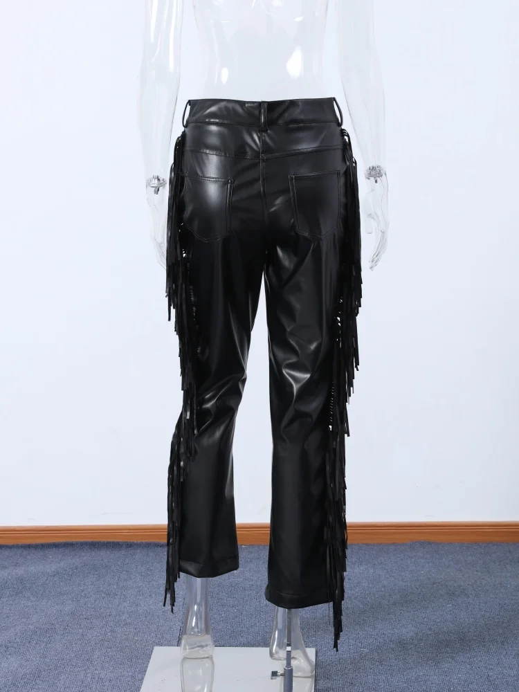 Y2k High Waist Fringe Faux Leather Flared Pants Women Side Tassel Design Slim Bootcut Leather Trouser Party Club Street Bottoms