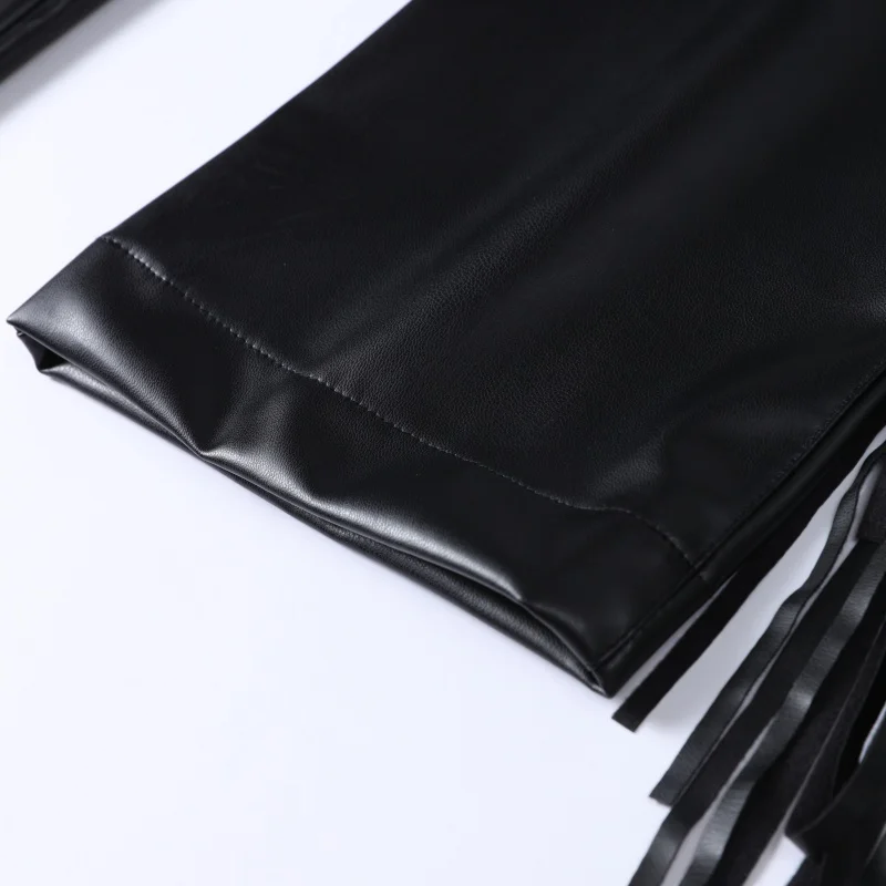 Y2k High Waist Fringe Faux Leather Flared Pants Women Side Tassel Design Slim Bootcut Leather Trouser Party Club Street Bottoms