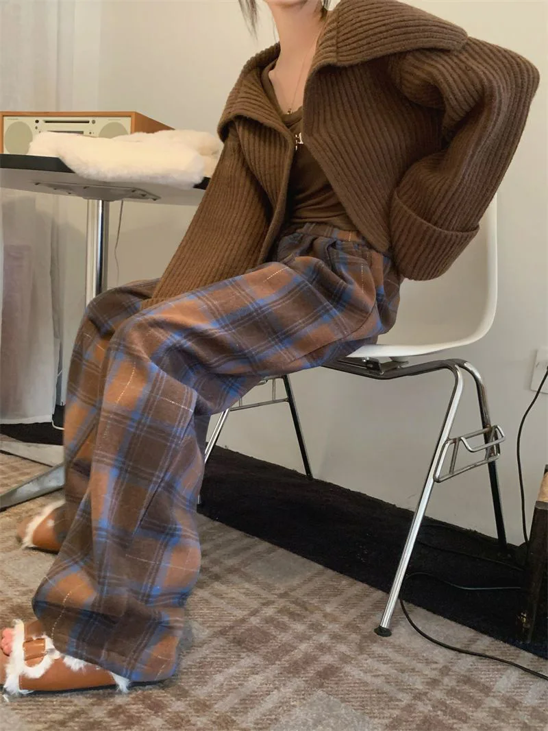 Faux Woolen Warm Plaid Pants Women Vintage Harajuku High Waist Wide Leg Trousers Streetwear Retro Loose Casual Fall Winter Pant