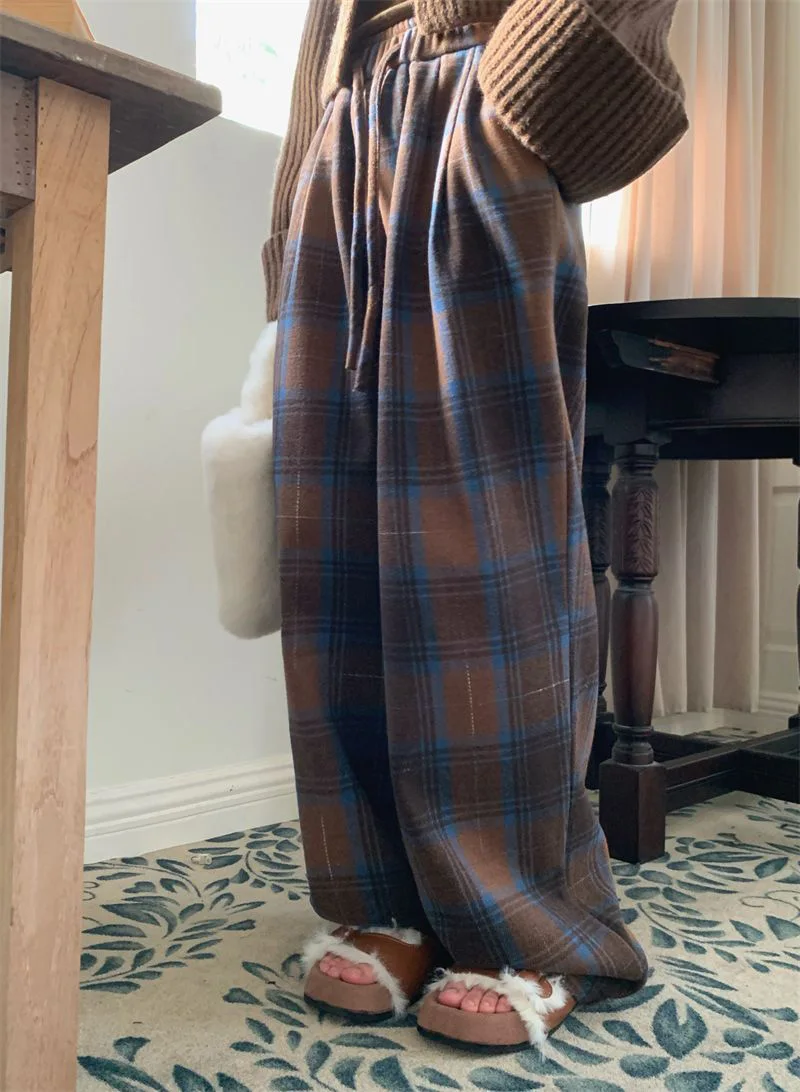 Faux Woolen Warm Plaid Pants Women Vintage Harajuku High Waist Wide Leg Trousers Streetwear Retro Loose Casual Fall Winter Pant