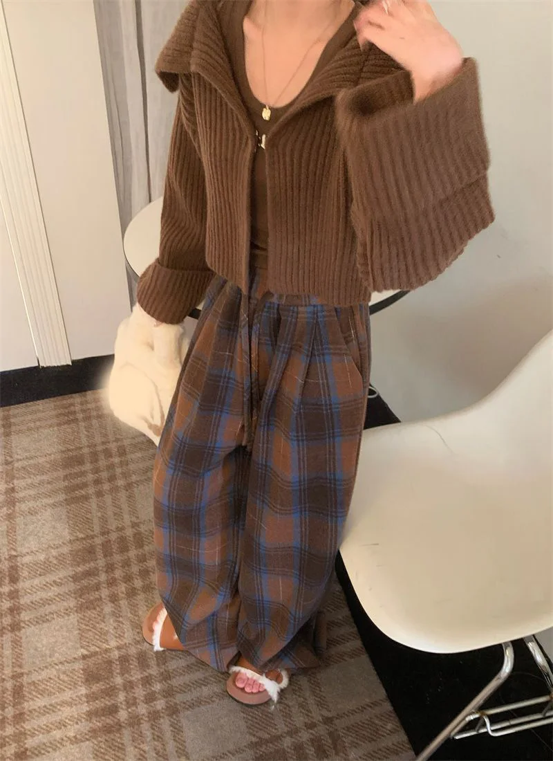 Faux Woolen Warm Plaid Pants Women Vintage Harajuku High Waist Wide Leg Trousers Streetwear Retro Loose Casual Fall Winter Pant