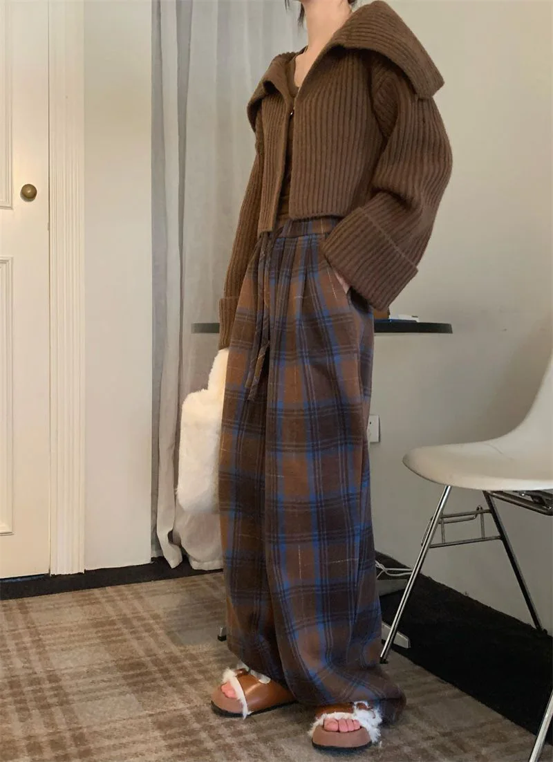 Faux Woolen Warm Plaid Pants Women Vintage Harajuku High Waist Wide Leg Trousers Streetwear Retro Loose Casual Fall Winter Pant