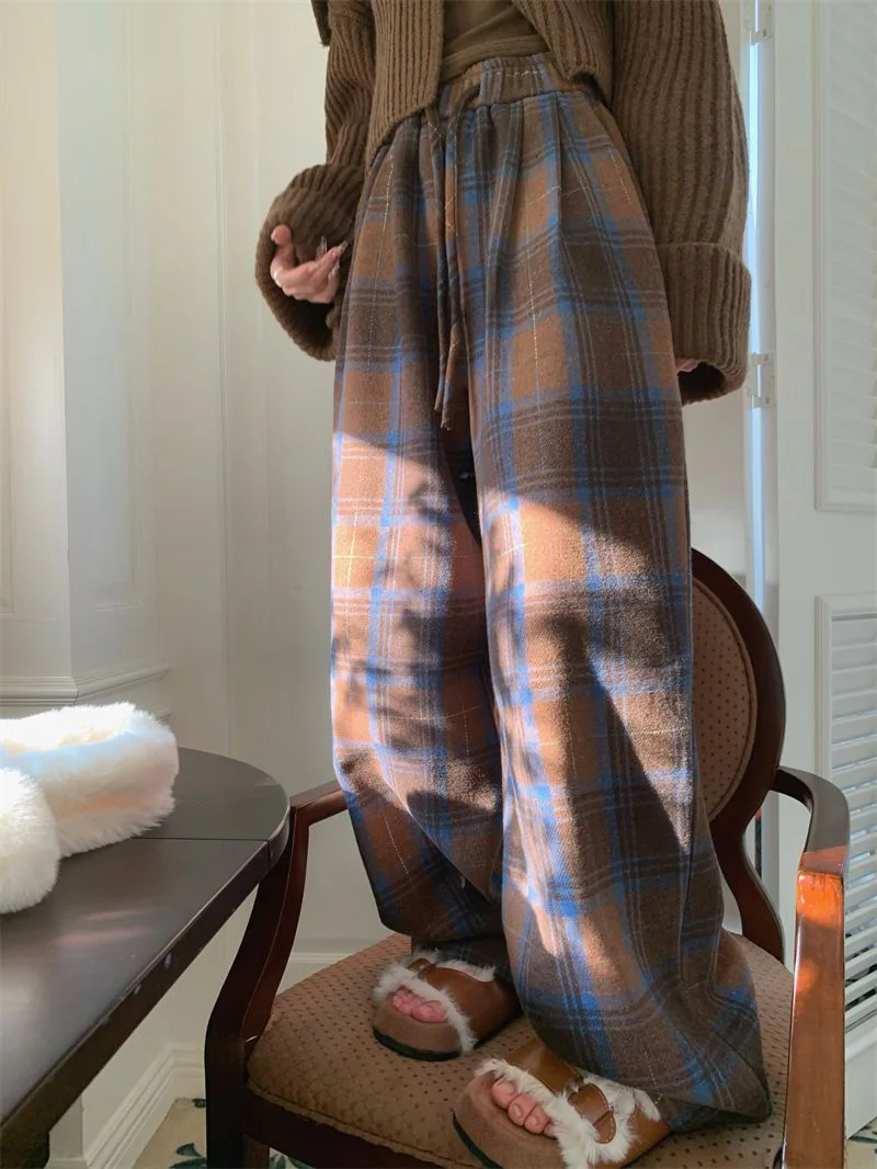 Faux Woolen Warm Plaid Pants Women Vintage Harajuku High Waist Wide Leg Trousers Streetwear Retro Loose Casual Fall Winter Pant
