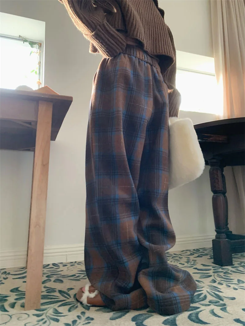 Faux Woolen Warm Plaid Pants Women Vintage Harajuku High Waist Wide Leg Trousers Streetwear Retro Loose Casual Fall Winter Pant