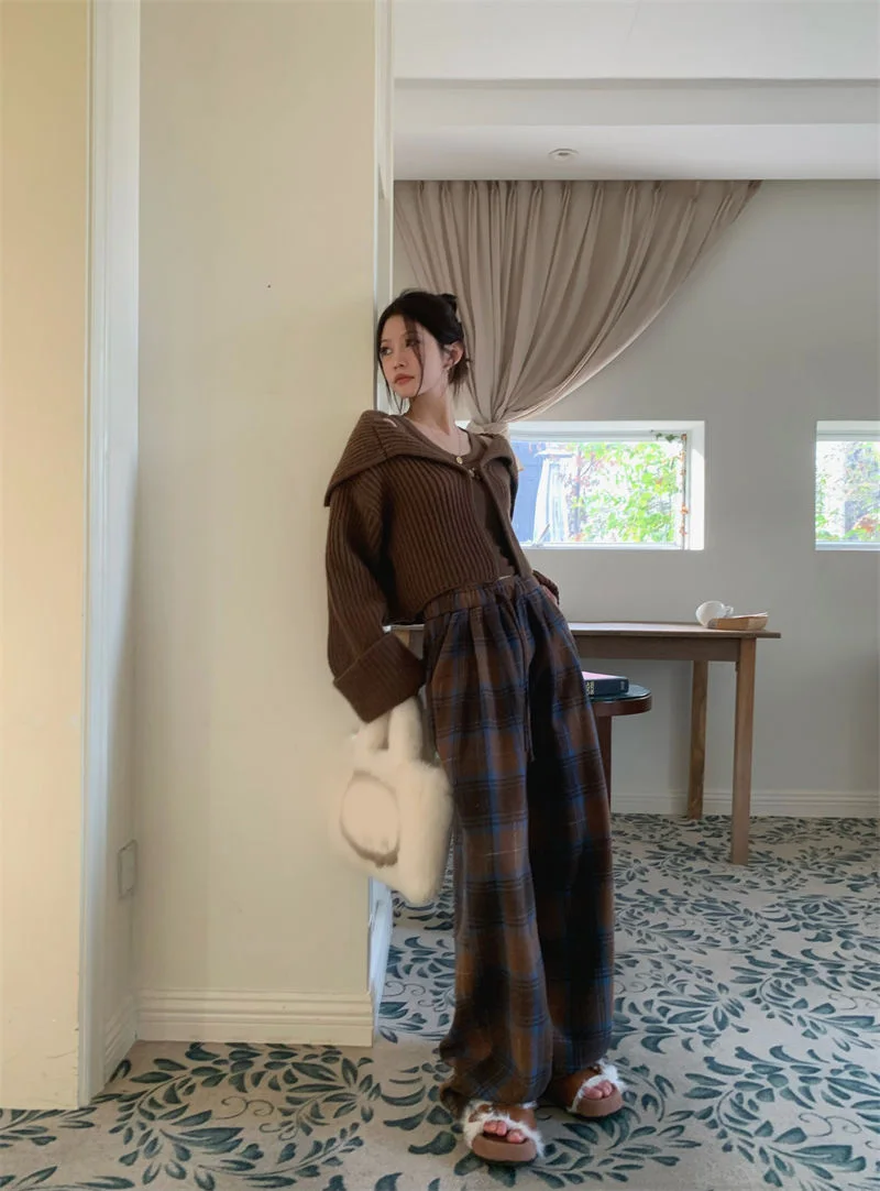 Faux Woolen Warm Plaid Pants Women Vintage Harajuku High Waist Wide Leg Trousers Streetwear Retro Loose Casual Fall Winter Pant
