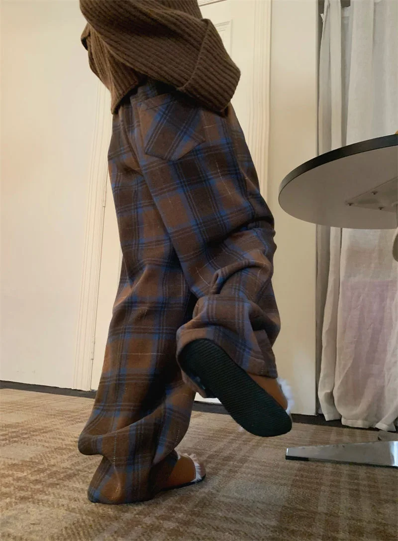 Faux Woolen Warm Plaid Pants Women Vintage Harajuku High Waist Wide Leg Trousers Streetwear Retro Loose Casual Fall Winter Pant