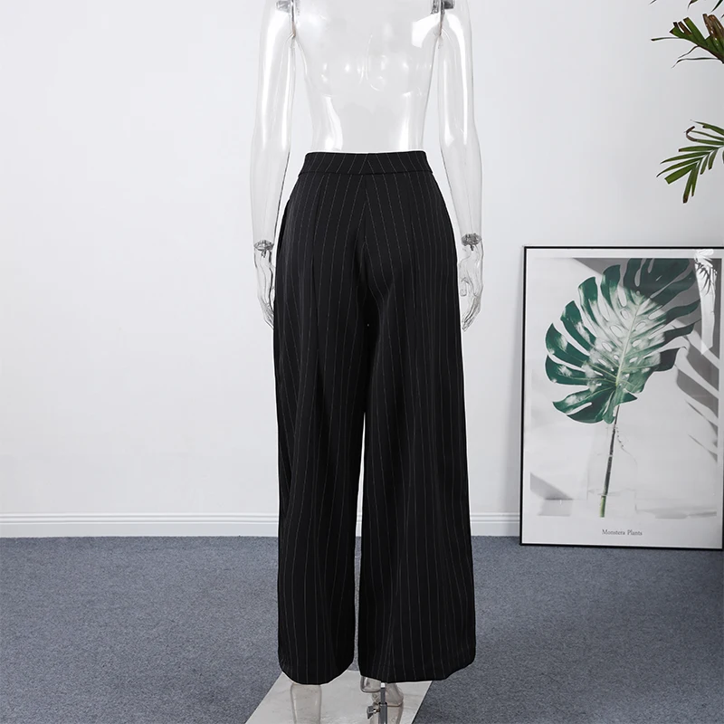 Casual Striped Loose Pants Women High Waist Pleated Straight Long Wide Leg Trousers Female 2026 Autumn Fashion Lady Bottoms