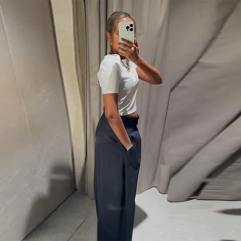 Casual Striped Loose Pants Women High Waist Pleated Straight Long Wide Leg Trousers Female 2026 Autumn Fashion Lady Bottoms