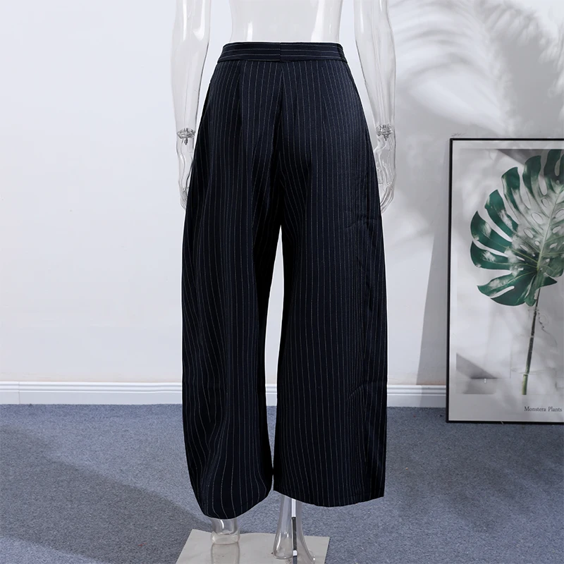 Casual Striped Loose Pants Women High Waist Pleated Straight Long Wide Leg Trousers Female 2026 Autumn Fashion Lady Bottoms
