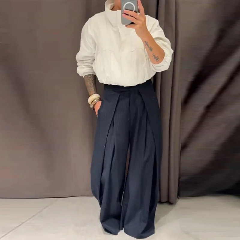 Casual Striped Loose Pants Women High Waist Pleated Straight Long Wide Leg Trousers Female 2026 Autumn Fashion Lady Bottoms