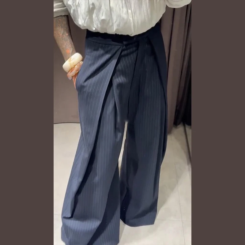 Casual Striped Loose Pants Women High Waist Pleated Straight Long Wide Leg Trousers Female 2026 Autumn Fashion Lady Bottoms