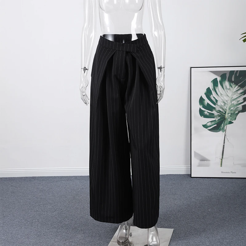 Casual Striped Loose Pants Women High Waist Pleated Straight Long Wide Leg Trousers Female 2026 Autumn Fashion Lady Bottoms