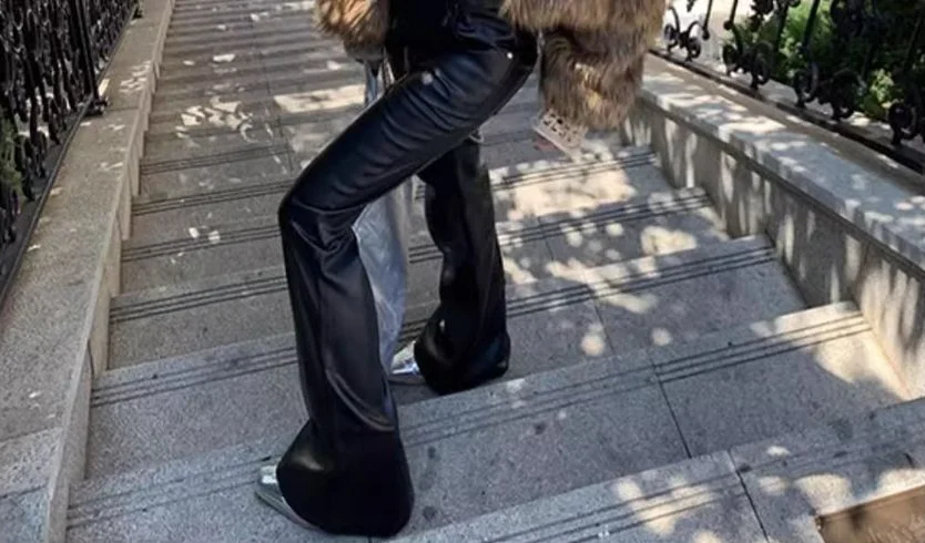 High Waist Woman Trousers Sexy Black PU Leather Flare Pants For Women Vintage Harajuku Elastic One Size Clothing Elegant Sale G