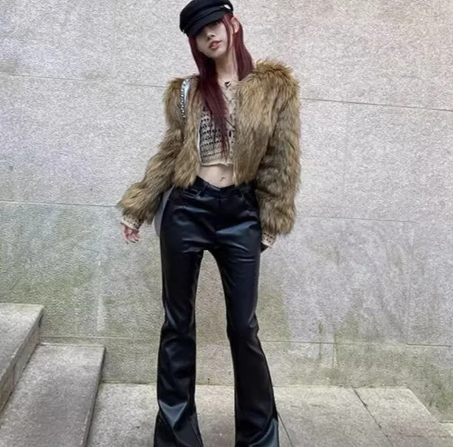 High Waist Woman Trousers Sexy Black PU Leather Flare Pants For Women Vintage Harajuku Elastic One Size Clothing Elegant Sale G