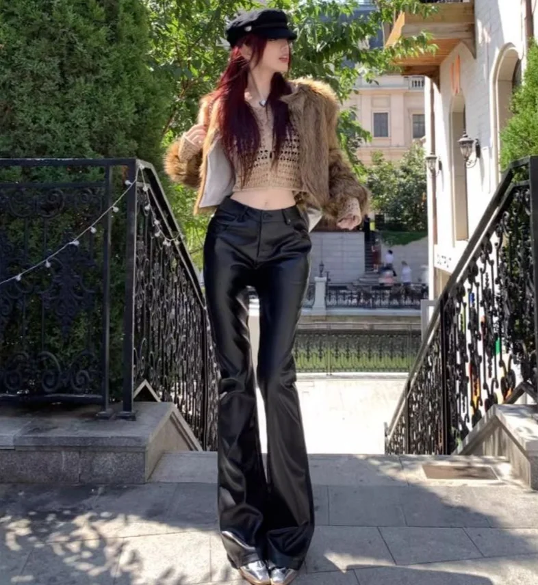 High Waist Woman Trousers Sexy Black PU Leather Flare Pants For Women Vintage Harajuku Elastic One Size Clothing Elegant Sale G