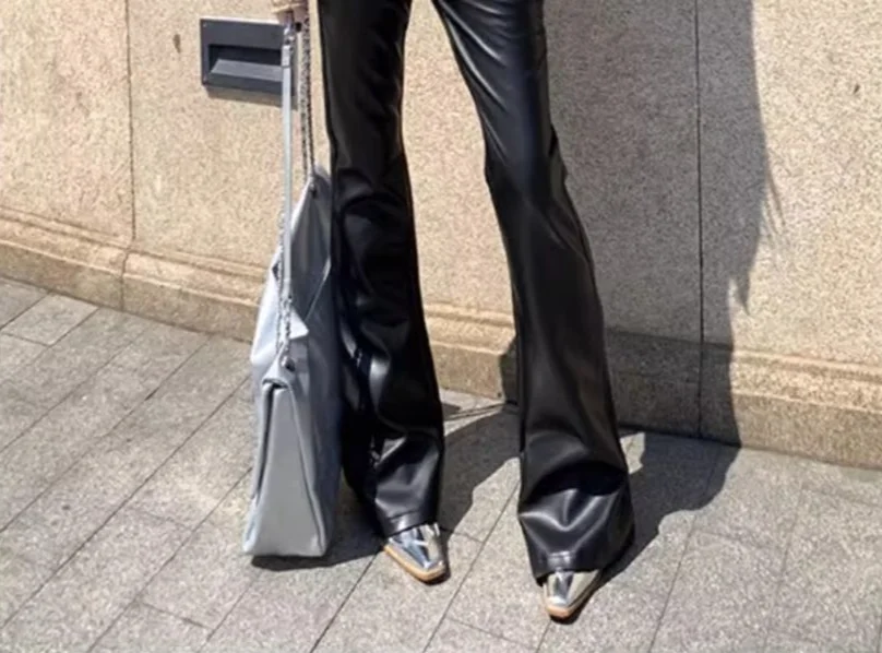 High Waist Woman Trousers Sexy Black PU Leather Flare Pants For Women Vintage Harajuku Elastic One Size Clothing Elegant Sale G