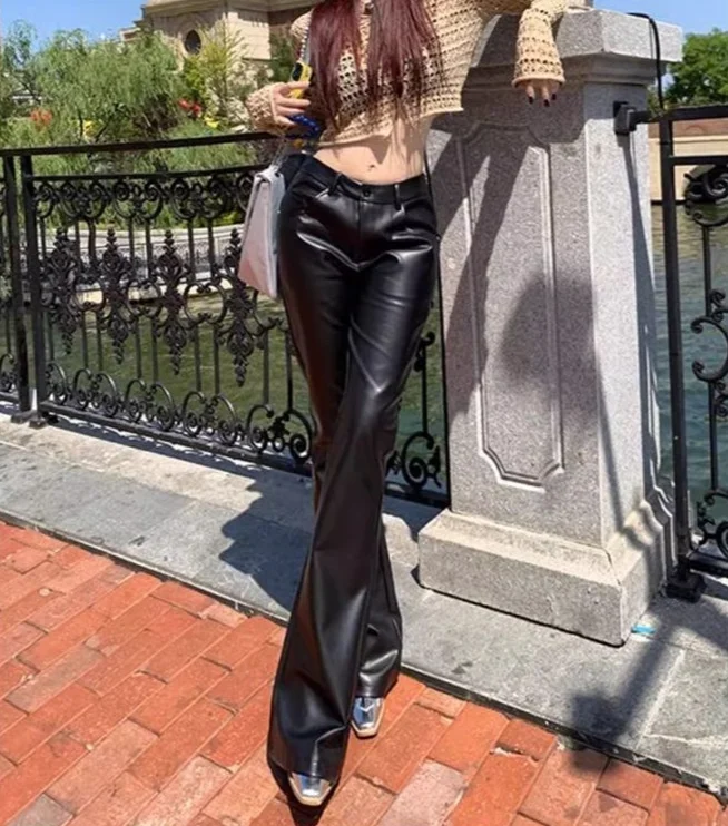 High Waist Woman Trousers Sexy Black PU Leather Flare Pants For Women Vintage Harajuku Elastic One Size Clothing Elegant Sale G