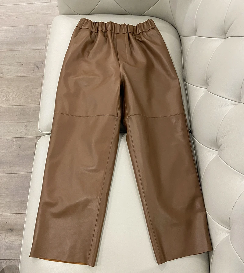 Genuine Leather Harem Pants Women's Real Sheepskin Trousers High Waist Women Pants 2026 New Elastic Waist Streetwear