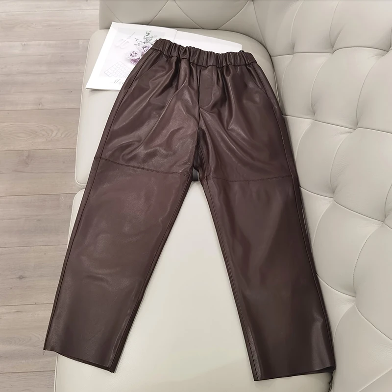 Genuine Leather Harem Pants Women's Real Sheepskin Trousers High Waist Women Pants 2026 New Elastic Waist Streetwear