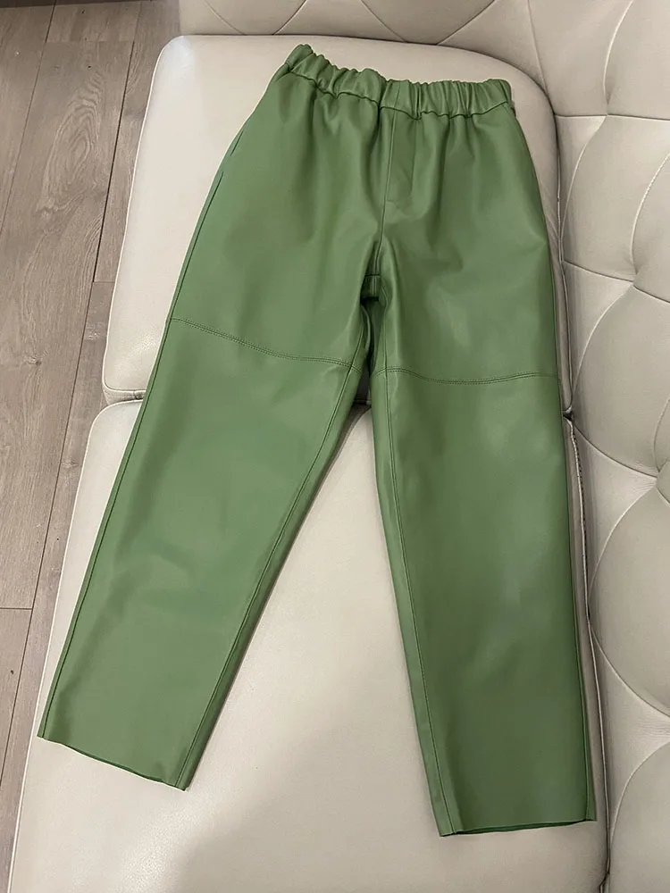 Genuine Leather Harem Pants Women's Real Sheepskin Trousers High Waist Women Pants 2026 New Elastic Waist Streetwear